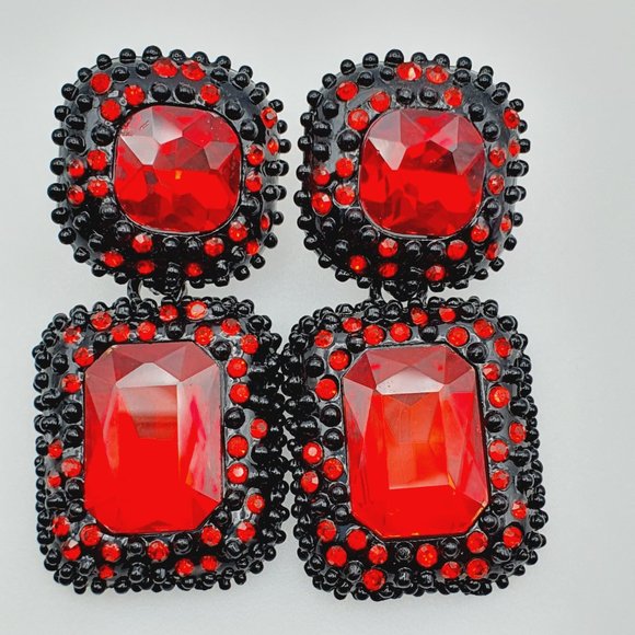 "New Rectangle Red Big Bright Pendant Dangle Earring, - Picture 3 of 3